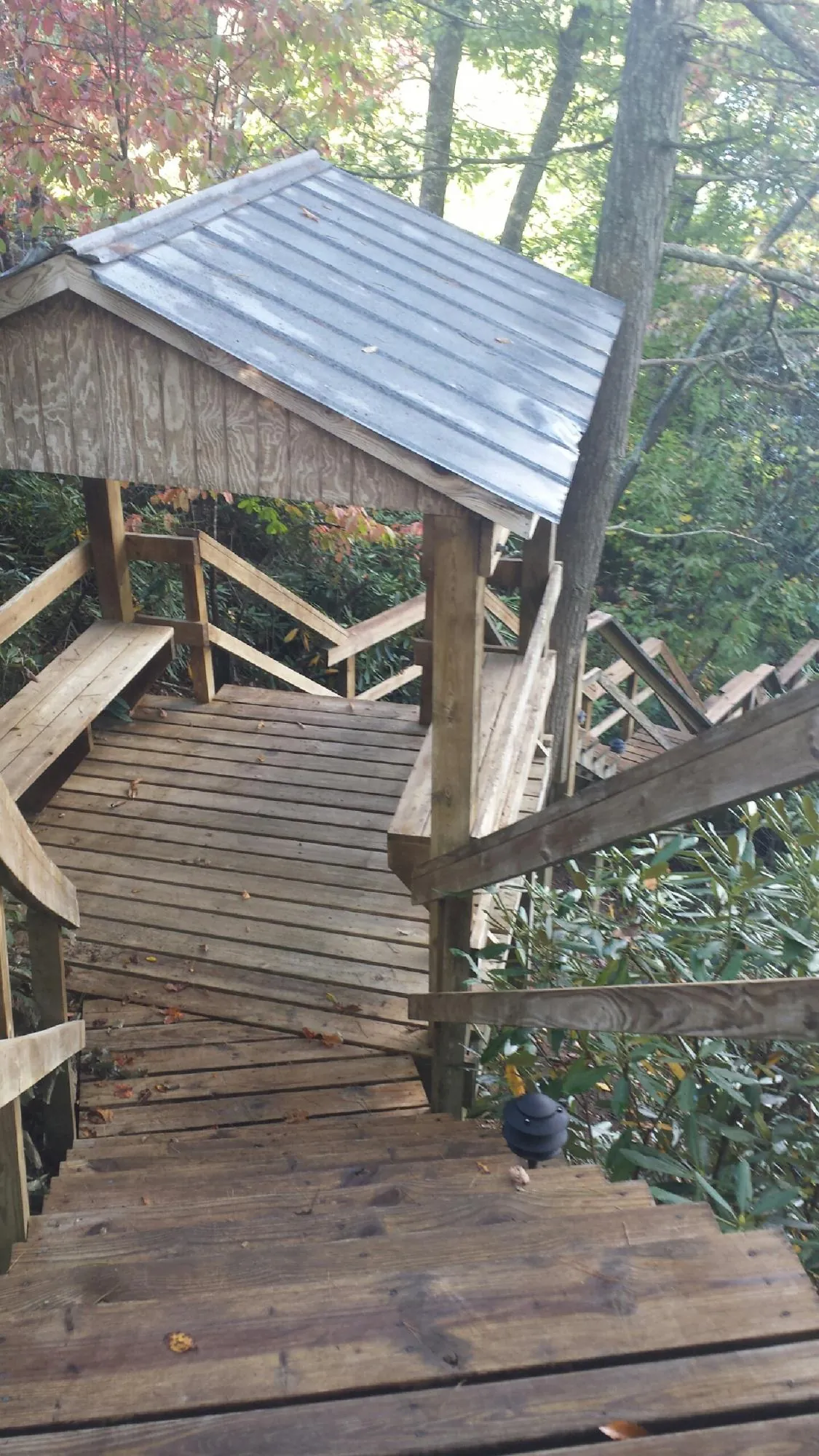 Metal roofed shelter over wooden steps on a wooded walkway — Skylight Repair & Installation work by our crew in Hamlet